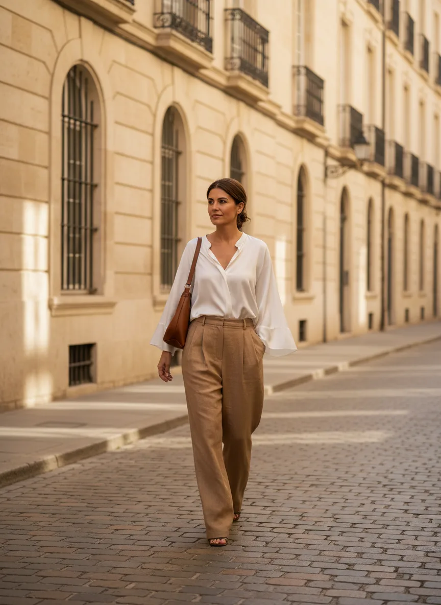 Mujer caminando con blusa blanca y pantalón café de corte alto