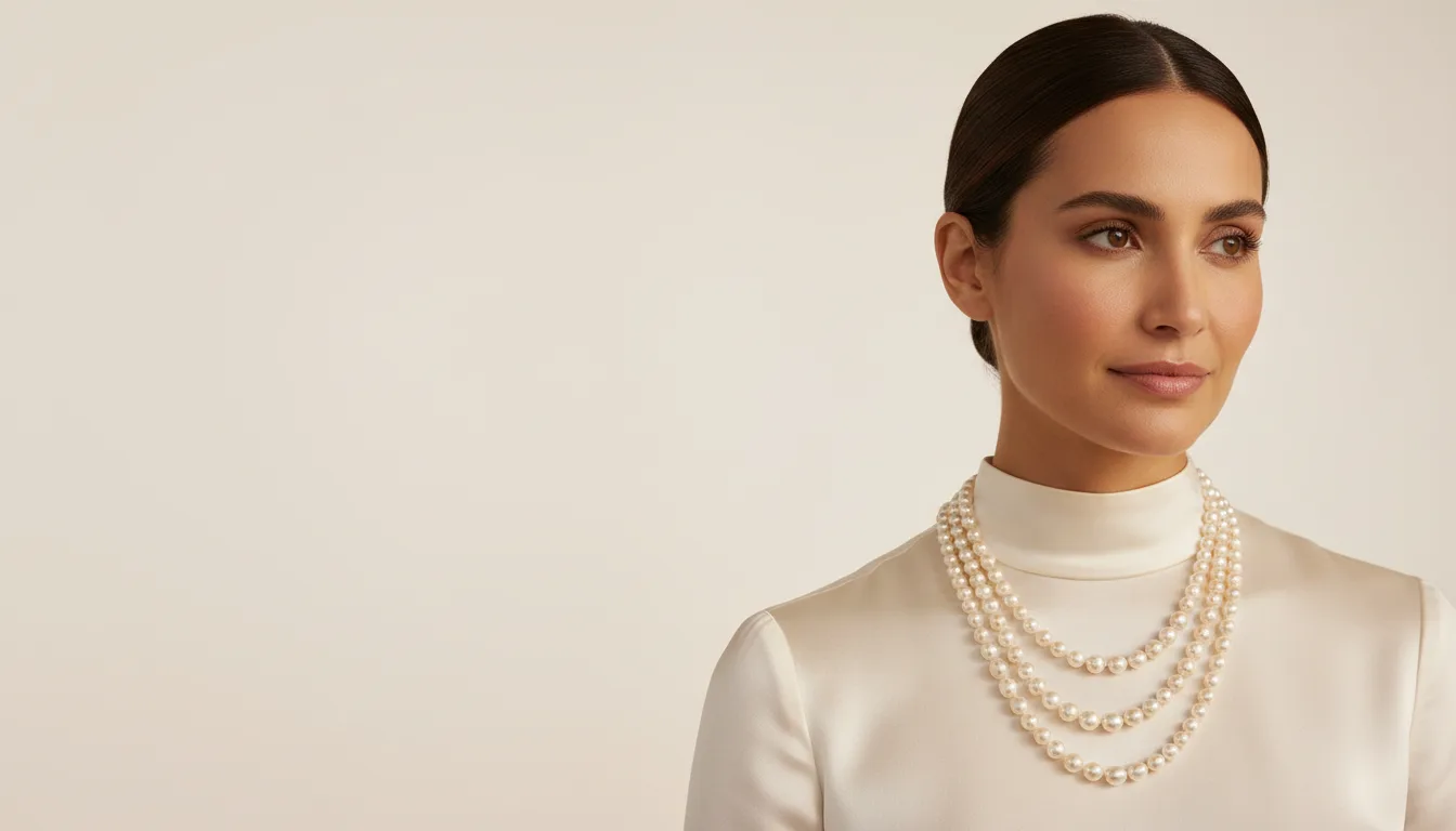 Mujer con collar de perlas de tres vueltas y blusa marfil de cuello alto